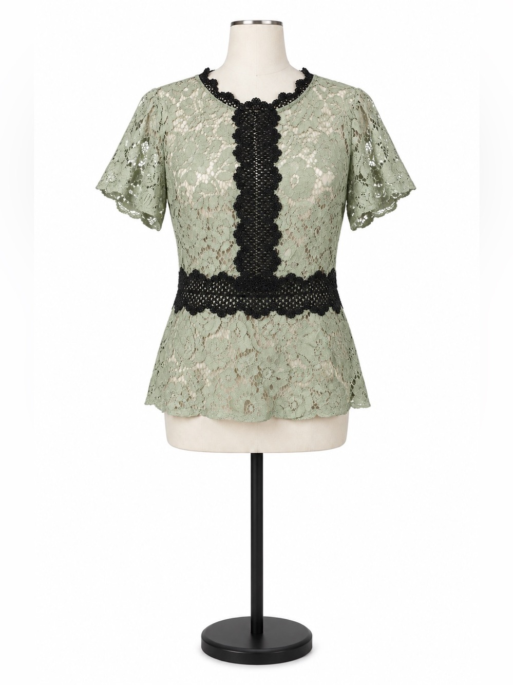 Zara Sage Green Floral Lace Blouse Black Trim Short Sleeve